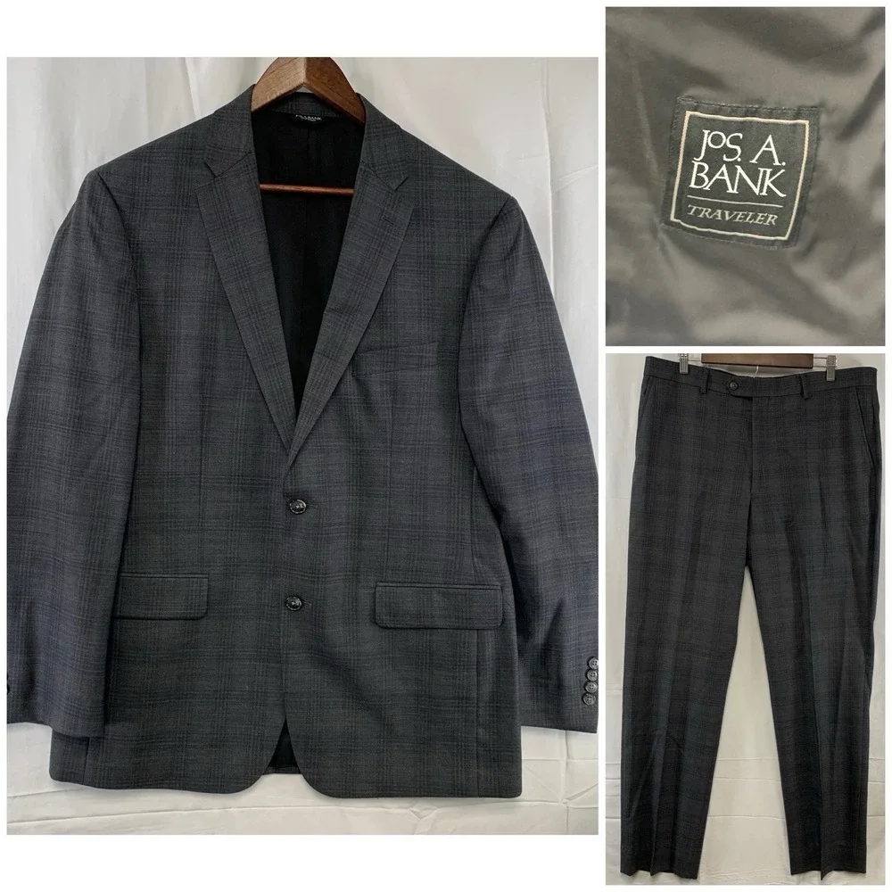 Jos A Bank Traveler 2 Pc Gray Plaid Wool Suit Mens 43L‎ / 37 x 32 Jacket Pants